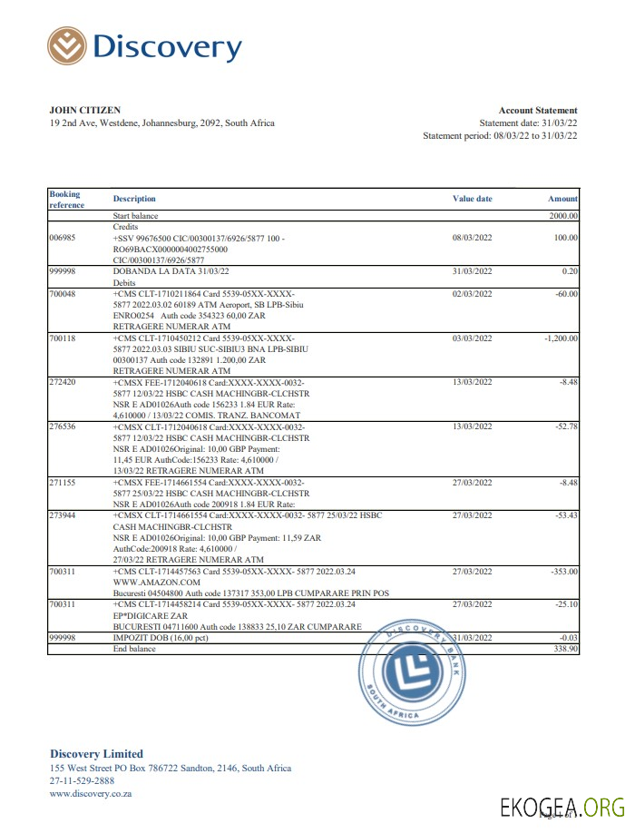 Relevé de la banque Discovery en Afrique du Sud